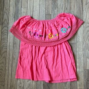 Mexican Embroidered Peasant Top‎ Floral Coral Pink Crochet Trim Blouse